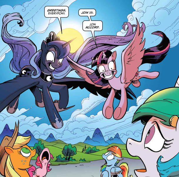 Size: 1037x1021 | Tagged: safe, artist:andypriceart, derpibooru import, idw, applejack, pinkie pie, princess celestia, princess luna, rainbow dash, twilight sparkle, twilight sparkle (alicorn), alicorn, pony, chaos theory (arc), spoiler:comic, spoiler:comic49, accord (arc), grin, hk-class-deific-subjugation-scenario, in all disorder a secret order, mind control, part the second: in all chaos there is a cosmos, smiling, twilight snapple, well fuck, well we're boned, xk-class end-of-the-world scenario