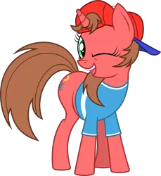 Size: 2888x3150 | Tagged: safe, artist:manual-monaro, derpibooru import, oc, oc:nintendy, unofficial characters only, pony, unicorn, 2017 community collab, derpibooru community collaboration, backwards ballcap, baseball cap, cap, clothes, hat, looking at you, one eye closed, open mouth, shirt, simple background, smiling, solo, transparent background, wink