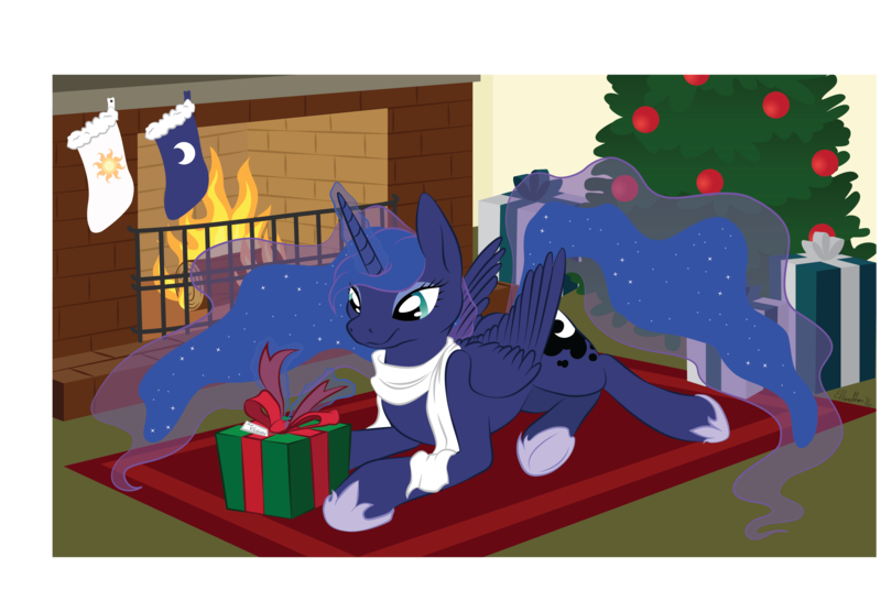 Size: 3785x2631 | Tagged: safe, artist:gracewolf, derpibooru import, princess luna, christmas stocking, christmas tree, clothes, fireplace, present, prone, scarf, solo, tree