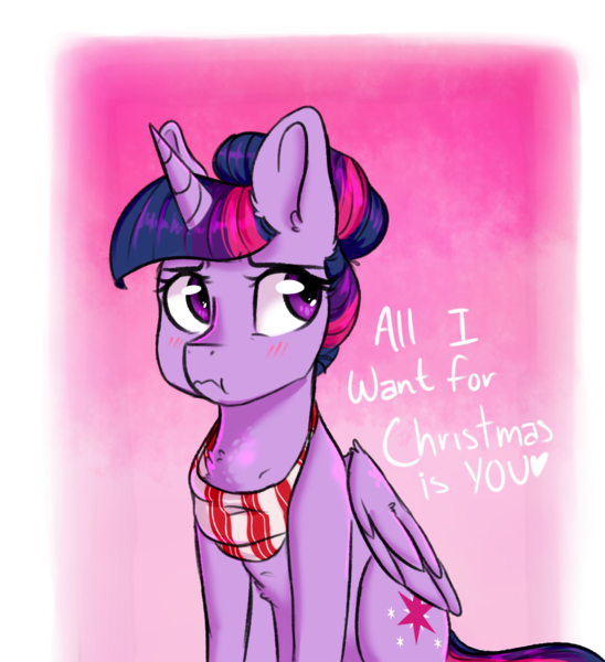 Size: 1286x1408 | Tagged: safe, artist:shiny-cooler, derpibooru import, twilight sparkle, twilight sparkle (alicorn), alicorn, pony, alternate hairstyle, blushing, clothes, gradient background, hair bun, scarf, sitting, solo