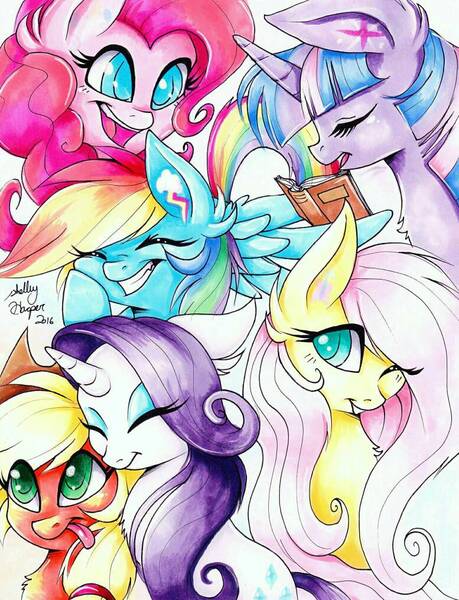 Size: 777x1015 | Tagged: safe, artist:shelbyartist, derpibooru import, applejack, fluttershy, pinkie pie, rainbow dash, rarity, twilight sparkle, book, cute, mane six, one eye closed, tongue out, traditional art, wink