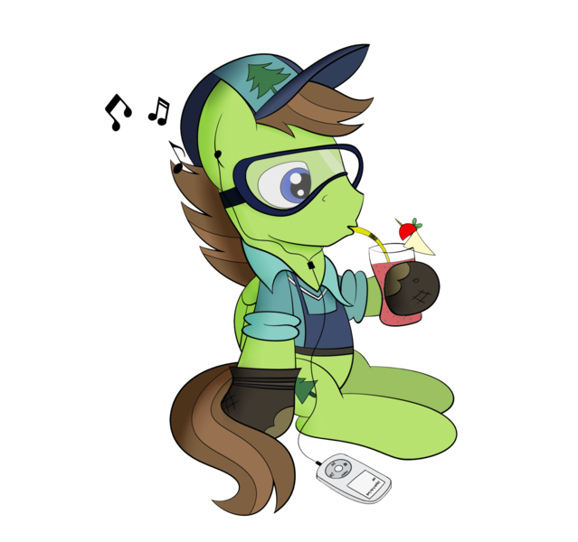 Size: 1588x1492 | Tagged: safe, artist:coramino, derpibooru import, douglas spruce, evergreen, pegasus, pony, cap, drink, drinking, earbuds, goggles, hat, ipod, mp3 player, relaxing, simple background, smoothie, solo, transparent background