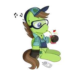 Size: 1588x1492 | Tagged: safe, artist:coramino, derpibooru import, douglas spruce, evergreen, pegasus, pony, cap, drink, drinking, earbuds, goggles, hat, ipod, mp3 player, relaxing, simple background, smoothie, solo, transparent background