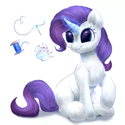 Size: 2000x2000 | Tagged: safe, artist:peachmayflower, derpibooru import, rarity, fluffy, heart eyes, levitation, magic, needle, simple background, solo, spool, telekinesis, thread, white background, wingding eyes