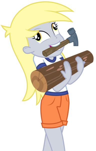 Size: 1953x3053 | Tagged: safe, artist:sketchmcreations, derpibooru import, derpy hooves, equestria girls, legend of everfree, derp, hammer, happy, log, mouth hold, simple background, solo, transparent background, vector