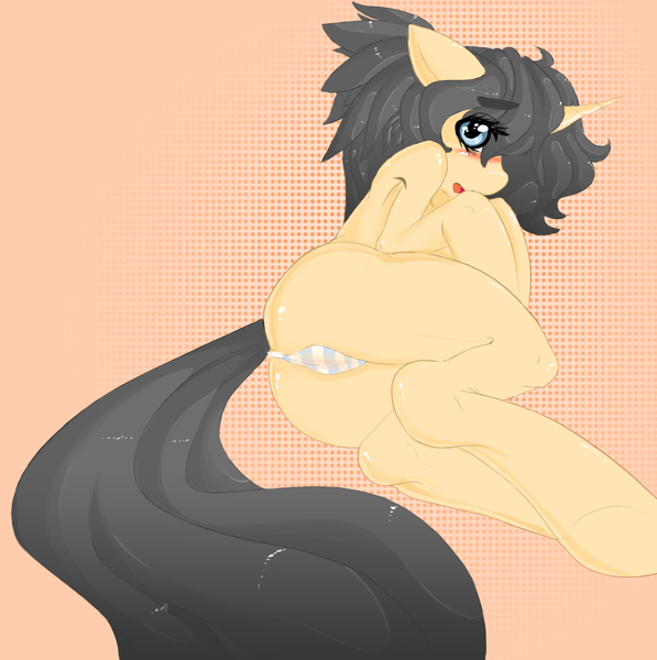 Size: 1125x1130 | Tagged: questionable, artist:larkdraws, derpibooru import, oc, oc:blossomfall, unofficial characters only, pony, unicorn, blushing, clothes, female, mare, panties, plot, solo, solo female, striped underwear, underwear