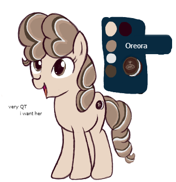 Size: 361x373 | Tagged: safe, artist:rusticanon, derpibooru import, oc, oc:oreora, unofficial characters only, earth pony, pony, color palette, cookie, cute, flockmod, food, oreo, oreo pony, reference sheet, simple background, solo, white background