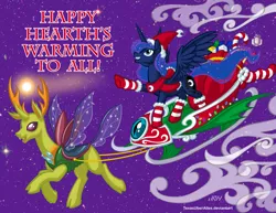 Size: 1294x1000 | Tagged: safe, artist:texasuberalles, derpibooru import, princess luna, thorax, alicorn, changedling, changeling, pony, to where and back again, christmas lights, clothes, duo, flying, hat, hearth's warming, king thorax, looking up, pointing, santa hat, scarf, sleigh, stars, stockings