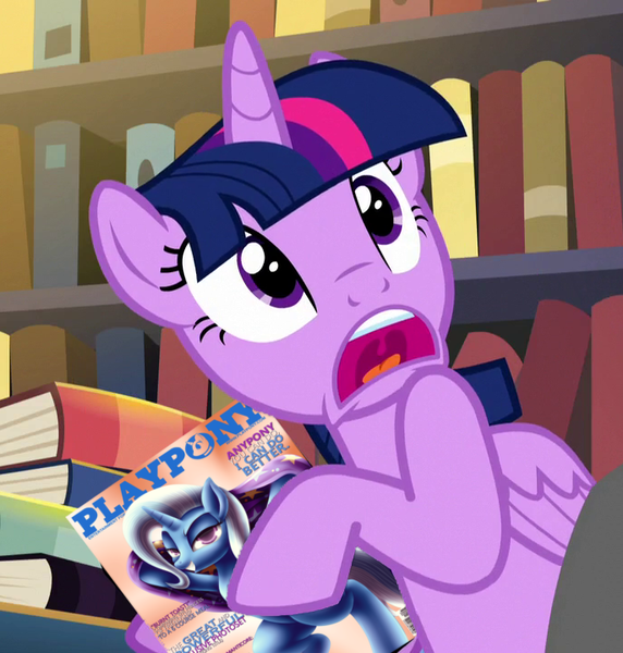 Size: 686x720 | Tagged: suggestive, artist:pshyzomancer, derpibooru import, edit, edited screencap, screencap, trixie, twilight sparkle, twilight sparkle (alicorn), alicorn, pony, unicorn, do princesses dream of magic sheep, bedroom eyes, book, bookshelf, cropped, female, implied twixie, looking at you, mare, playboy, playpony, shocked, solo