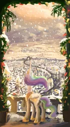 Size: 821x1476 | Tagged: artist:plainoasis, balcony, canterlot, city, cityscape, derpibooru import, mountain, princess celestia, rear view, safe, scenery, snow, snowfall, solo, winter