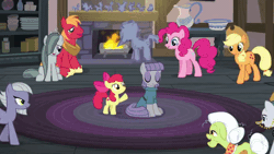 Size: 480x270 | Tagged: safe, artist:wissle, derpibooru import, edit, edited screencap, screencap, apple bloom, applejack, big macintosh, cloudy quartz, granny smith, igneous rock pie, limestone pie, marble pie, maud pie, pinkie pie, earth pony, pony, hearthbreakers, animated, carpet, cutie mark, doll, female, filly, fire, fireplace, gif, hat, implied marblemac, male, mare, parody, pie family, pie sisters, plate, quartzrock, ribbon, rock, rock doll, scene parody, shipping fuel, siblings, sisters, sitting, sound at source, stallion, statue, the cmc's cutie marks, toy, youtube link
