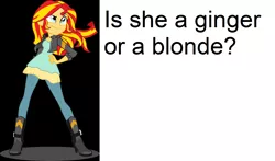 Size: 1532x900 | Tagged: safe, derpibooru import, sunset shimmer, equestria girls, caption, hair, solo, stupid question, text