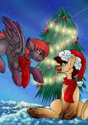 Size: 2893x4092 | Tagged: safe, artist:fkk, derpibooru import, oc, unofficial characters only, pony, absurd resolution, christmas, christmas tree, clothes, female, flying, happy new year, hat, holiday, male, mare, random, santa hat, scarf, stallion, tree, unshorn fetlocks, ych result