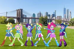 Size: 1023x683 | Tagged: safe, derpibooru import, applejack, fluttershy, pinkie pie, rainbow dash, rarity, twilight sparkle, equestria girls, brooklyn, equestria girls in real life, mane six, new york city, wondercolts uniform