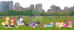 Size: 1024x413 | Tagged: safe, artist:jawsandgumballfan24, derpibooru import, apple bloom, applejack, fluttershy, pinkie pie, rainbow dash, rarity, scootaloo, sweetie belle, twilight sparkle, pony, central park, cutie mark crusaders, irl, mane six, new york city, photo, ponies in real life, watermark