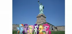 Size: 2118x1010 | Tagged: safe, artist:jawsandgumballfan24, derpibooru import, applejack, fluttershy, pinkie pie, rainbow dash, rarity, twilight sparkle, human, pony, bipedal, bridlemaids, grass, irl, mane six, new york city, photo, ponies in real life, statue of liberty