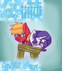 Size: 488x556 | Tagged: safe, artist:fluffyrainbowkitty, derpibooru import, big macintosh, rarity, anthro, earth pony, unicorn, 30 day otp challenge, clothes, cute, height difference, male, rarimac, scarf, shared clothing, shared scarf, shipping, snow, straight, winter