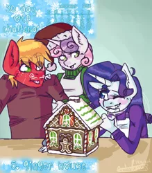 Size: 488x556 | Tagged: 30 day otp challenge, anthro, artist:fluffyrainbowkitty, big macintosh, clothes, cute, derpibooru import, gingerbread house, height difference, male, rarimac, rarity, safe, shipping, straight, sweetie belle, winter