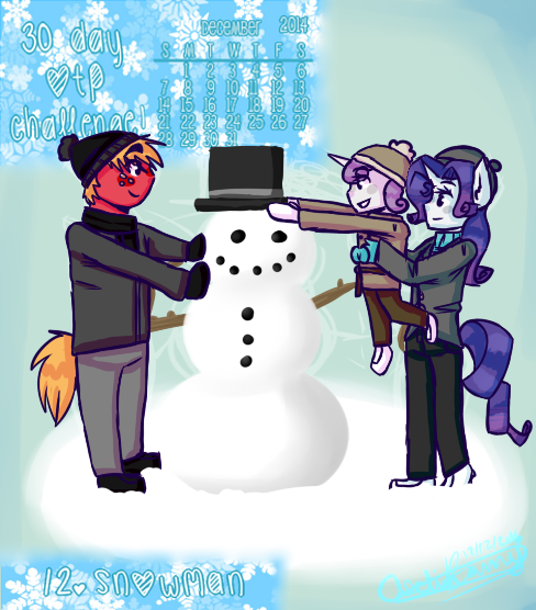 Size: 488x556 | Tagged: safe, artist:fluffyrainbowkitty, derpibooru import, big macintosh, rarity, sweetie belle, anthro, earth pony, unicorn, 30 day otp challenge, clothes, cute, hat, height difference, male, rarimac, scarf, shipping, snowman, straight, top hat, winter