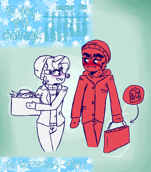 Size: 488x556 | Tagged: safe, artist:fluffyrainbowkitty, derpibooru import, big macintosh, rarity, anthro, 30 day otp challenge, clothes, cute, height difference, male, present, rarimac, shipping, straight, winter