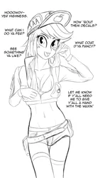 Size: 2481x4402 | Tagged: absurd resolution, applejack, artist:pshyzomancer, belly button, bikini top, cindy aurum, clothes, crossover, derpibooru import, final fantasy, final fantasy xv, hat, human, humanized, lineart, midriff, safe, shorts, sketch, solo