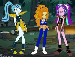 Size: 592x449 | Tagged: safe, derpibooru import, adagio dazzle, aria blaze, sonata dusk, saiyan, equestria girls, adageta, ariaditz, crossover, dragon ball z, nappa, raditz, sonappa, the dazzlings, vegeta