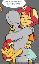 Size: 756x1226 | Tagged: safe, artist:burning-heart-brony, derpibooru import, sunset shimmer, oc, oc:anon, human, pony, unicorn, equestria girls, cropped, cute, gray background, hug, human ponidox, lip bite, lucky bastard, self ponidox, shimmerbetes, simple background