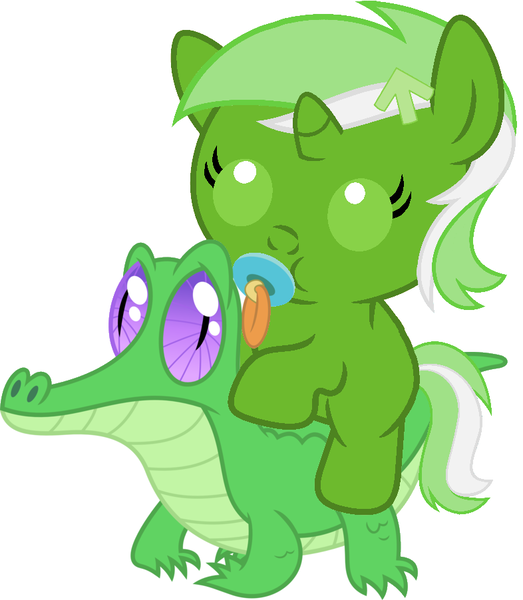 Size: 786x902 | Tagged: safe, artist:red4567, derpibooru import, gummy, oc, oc:upvote, ponified, pony, derpibooru, baby, baby pony, cute, derpibooru ponified, green, meta, ocbetes, pacifier, ponies riding gators, riding