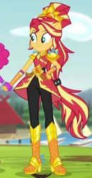 Size: 370x710 | Tagged: safe, derpibooru import, screencap, pinkie pie, sunset shimmer, equestria girls, legend of everfree, boots, chains, clothes, cropped, cute, gloves, high heel boots, holding hands, offscreen character, pants, ponied up, ponytail, sailboat, smiling, sparkles, sun, super ponied up