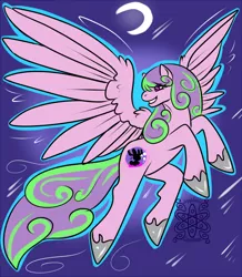 Size: 1000x1148 | Tagged: safe, artist:sapphirus, derpibooru import, oc, oc:anonmoonlightbunny, unofficial characters only, pegasus, pony, commission, female, flying, mare, meteorshower, soaring, solo, wings
