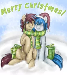 Size: 1600x1800 | Tagged: safe, artist:puggie, derpibooru import, oc, oc:huyana, oc:rena heartstep, unofficial characters only, christmas, clothes, cuddling, eyes closed, merry christmas, present, scarf, snow, snuggling