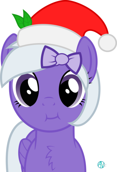 Size: 1800x2655 | Tagged: safe, artist:arifproject, derpibooru import, oc, oc:comment, ponified, unofficial characters only, pegasus, pony, derpibooru, :i, arif's christmas pones, arif's scrunchy pone, chest fluff, christmas, cute, derpibooru ponified, female, hair accessory, hat, leaf, looking at you, mare, meta, ribbon, santa hat, simple background, solo, transparent background, vector