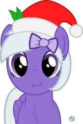 Size: 1800x2655 | Tagged: safe, artist:arifproject, derpibooru import, oc, oc:comment, ponified, unofficial characters only, pegasus, pony, derpibooru, :i, arif's christmas pones, arif's scrunchy pone, chest fluff, christmas, cute, derpibooru ponified, female, hair accessory, hat, leaf, looking at you, mare, meta, ribbon, santa hat, simple background, solo, transparent background, vector