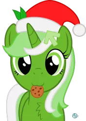 Size: 1808x2547 | Tagged: safe, artist:arifproject, derpibooru import, oc, oc:upvote, ponified, unofficial characters only, pony, unicorn, derpibooru, :3, arif's christmas pones, arif's scrunchy pone, chest fluff, cookie, cute, derpibooru ponified, female, fluffy, food, hair accessory, hat, leaf, looking at you, mare, meta, mouth hold, nom, santa hat, simple background, smiling, solo, transparent background, vector