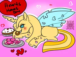 Size: 1200x904 | Tagged: artist:sapphirus, changeling, changeling oc, cookie, derpibooru import, female, food, hearts and hooves day, mare, oc, oc:glimmermelody, pie, safe, solo, stealing, stolen, unofficial characters only, yellow changeling