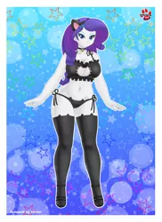 Size: 873x1200 | Tagged: suggestive, artist:shinn3, derpibooru import, rarity, equestria girls, bedroom eyes, bell, bell collar, belly button, black underwear, boob window, bra, breasts, busty rarity, cat ears, cat keyhole bra set, cat lingerie, catsuit, cleavage, clothes, collar, crop top bra, female, frilly underwear, high heels, lidded eyes, lingerie, looking at you, panties, sexy, side knot underwear, smiling, solo, solo female, underwear
