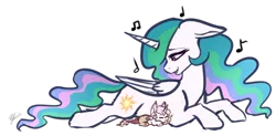 Size: 1024x502 | Tagged: artist:peaceouttopizza23, derpibooru import, floppy ears, hybrid, interspecies offspring, momlestia, mother and daughter, oc, oc:eclipse, offspring, parent:discord, parent:princess celestia, parents:dislestia, princess celestia, prone, safe, simple background, transparent background