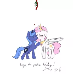 Size: 1831x1841 | Tagged: artist:soccy, blushing, cewestia, cute, derpibooru import, female, filly, filly celestia, filly luna, heart, incest, kissing, lesbian, mistletoe, pink-mane celestia, princess celestia, princess luna, princest, royal sisters, s1 luna, safe, shipping, woona, younger