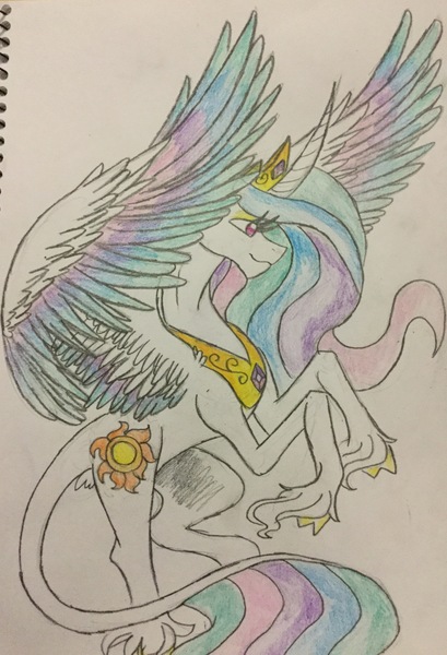 Size: 2207x3236 | Tagged: artist:mscreepyplaguedoctor, classical unicorn, cloven hooves, derpibooru import, flying, leonine tail, princess celestia, safe, simple background, solo, traditional art, unshorn fetlocks