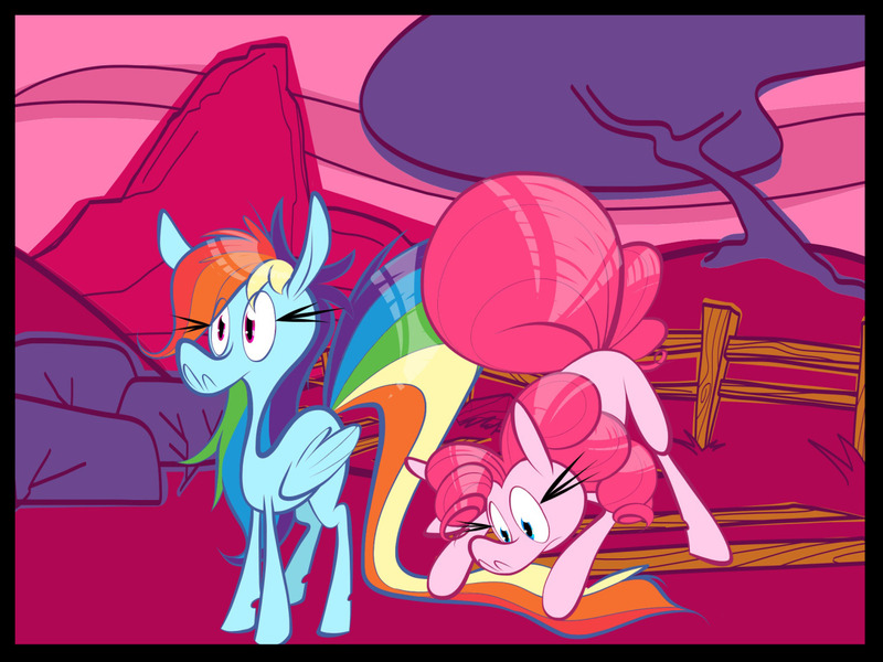 Size: 1280x960 | Tagged: safe, artist:crackiepipe, derpibooru import, part of a set, pinkie pie, rainbow dash, earth pony, pegasus, pony, bush, face down ass up, fence, folded wings, image, jpeg, tail, tree, wings