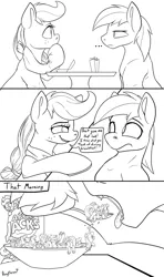 Size: 900x1516 | Tagged: suggestive, artist:ponythroat, derpibooru import, applejack, big macintosh, earth pony, pony, big macinpred, cereal, comic, dialogue, female, fetish, food, imminent vore, male, mare, micro, monochrome, open mouth, pun, stallion, tongue out