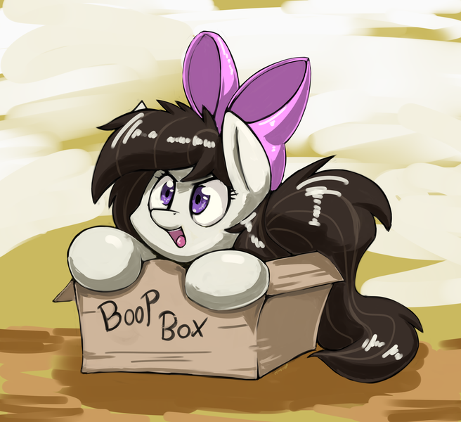 Size: 2831x2591 | Tagged: safe, artist:otakuap, derpibooru import, oc, oc:aggie, unofficial characters only, pony, boop box, bow, box, hair bow, pony in a box, solo