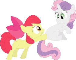 Size: 3586x2806 | Tagged: apple bloom, artist:porygon2z, boop, butt boop, butt touch, derpibooru import, eye contact, female, frown, hoof on butt, lesbian, looking at each other, molestation, raised hoof, safe, shipping, simple background, sitting, smiling, sweetie belle, sweetiebloom, touch, transparent background, vector, wide eyes