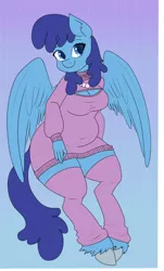 Size: 488x810 | Tagged: safe, artist:stubbornstallion, derpibooru import, blueberry cloud, anthro, pegasus, clothes, color, female, keyhole turtleneck, open-chest sweater, plump, solo, sweater, turtleneck, wingding eyes