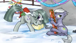 Size: 1920x1080 | Tagged: suggestive, artist:pencils, derpibooru import, limestone pie, marble pie, earth pony, pony, ass up, bedroom eyes, bow, christmas, christmas lights, christmas tree, dock, female, hat, holder's boulder, kiss my ass, licking, looking at you, looking back, marblebutt, mare, mistletoe, mistletoe abuse, plot, present, presenting, santa hat, sitting, smiling, snow, tail bow, tongue out, tree, wallpaper, wallpaper for the fearless