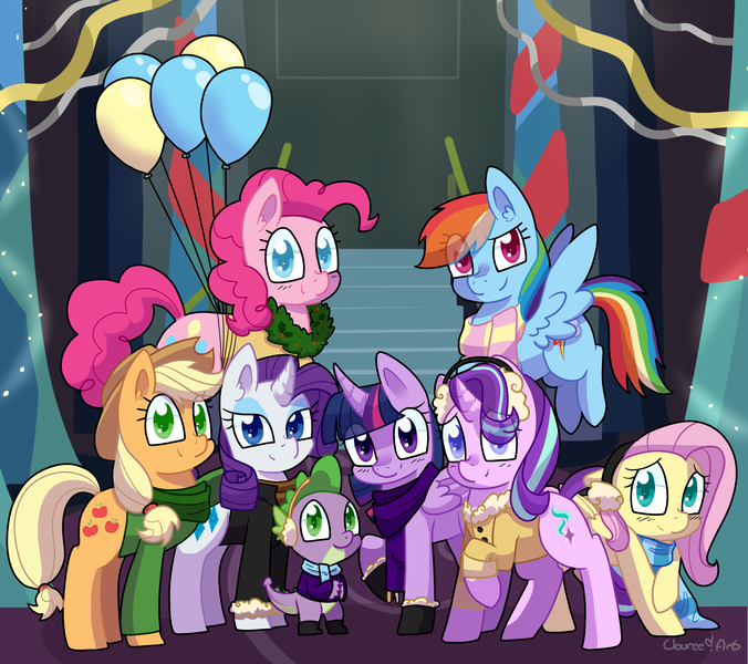 Size: 2130x1891 | Tagged: safe, artist:cloureed, derpibooru import, applejack, fluttershy, pinkie pie, rainbow dash, rarity, spike, starlight glimmer, twilight sparkle, twilight sparkle (alicorn), alicorn, pony, balloon, christmas, christmas wreath, clothes, hat, jacket, looking at you, mane seven, mane six, scarf, streamers, twilight's castle, wreath