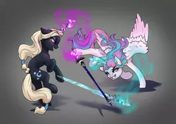 Size: 1024x725 | Tagged: safe, artist:joan-grace, derpibooru import, princess flurry heart, oc, oc:selina, pony, unicorn, female, flurry heart pearl of battle, just for fun, magic, mare, offspring, older, older flurry heart, parent:king sombra, parent:princess luna, parents:lumbra, sparring, story in the source, sword, weapon