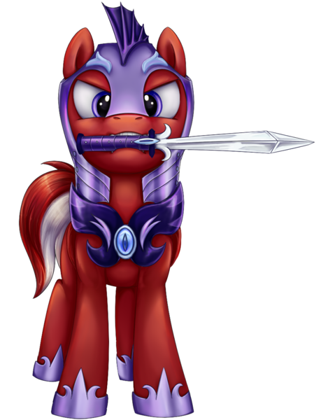 Size: 866x1131 | Tagged: safe, artist:thebowtieone, derpibooru import, oc, oc:eclipse skies, pony, armor, commission, looking at you, male, mouth hold, night guard, simple background, solo, stallion, sword, transparent background, weapon