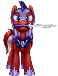 Size: 866x1131 | Tagged: safe, artist:thebowtieone, derpibooru import, oc, oc:eclipse skies, pony, armor, commission, looking at you, male, mouth hold, night guard, simple background, solo, stallion, sword, transparent background, weapon