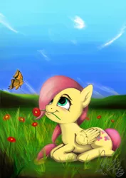 Size: 1536x2172 | Tagged: artist:mizore43, blushing, butterfly, cute, derpibooru import, eyes on the prize, filly, flower, flower in mouth, fluttershy, grass, hair over one eye, lidded eyes, looking up, mouth hold, prone, safe, shyabetes, sky, smiling, solo, younger